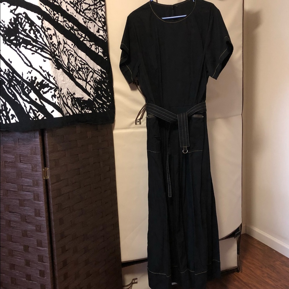 Black poplin extra-long belted maxi dress with pockets!